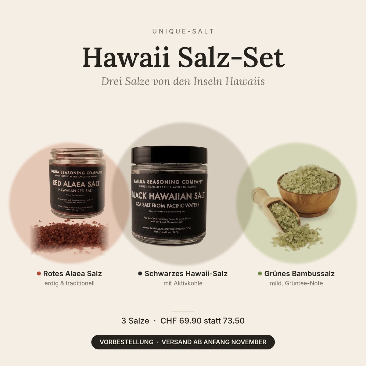 Hawaii Salz-Set mit rotem Alaea Salz, schwarzem Hawaii-Salz und grünem Bambussalz