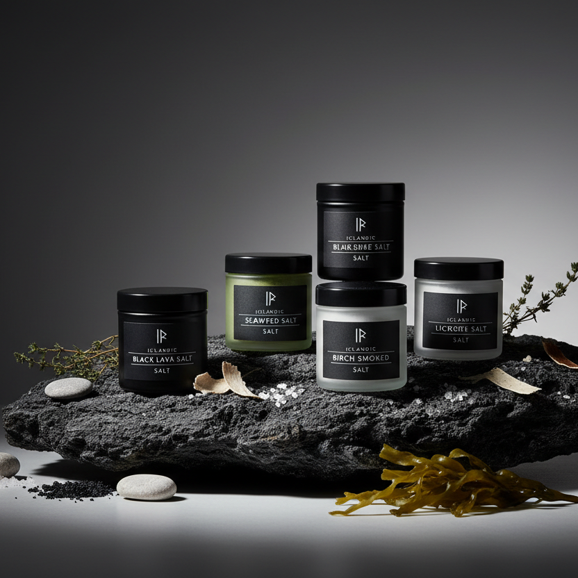Nordic Gourmet Set – 5 isländische Gourmet-Salze: Lava, Algen, Thymian, Birken-Rauch und Lakritz