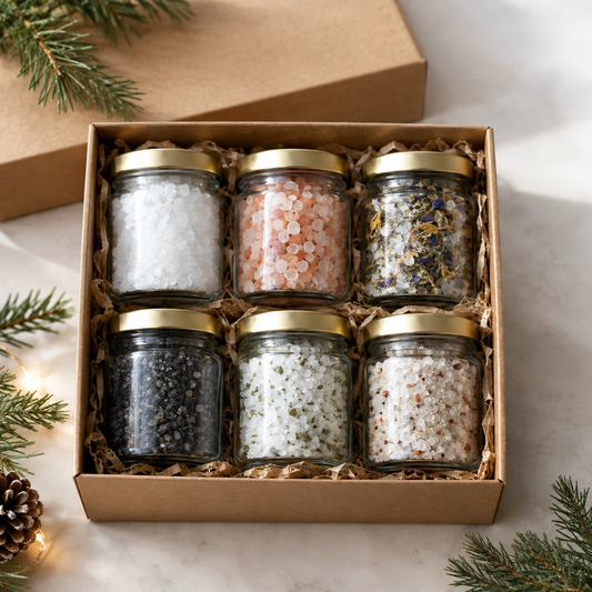 Weihnachts-Überraschungsset mit sechs Gourmet-Salzen als Geschenk – Beispielbild
